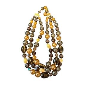 DEMARIO SIGNED THREE ROWS 3-STRAND NECKLACE FAUX AMBER TOPAZ GOLD PEARLS